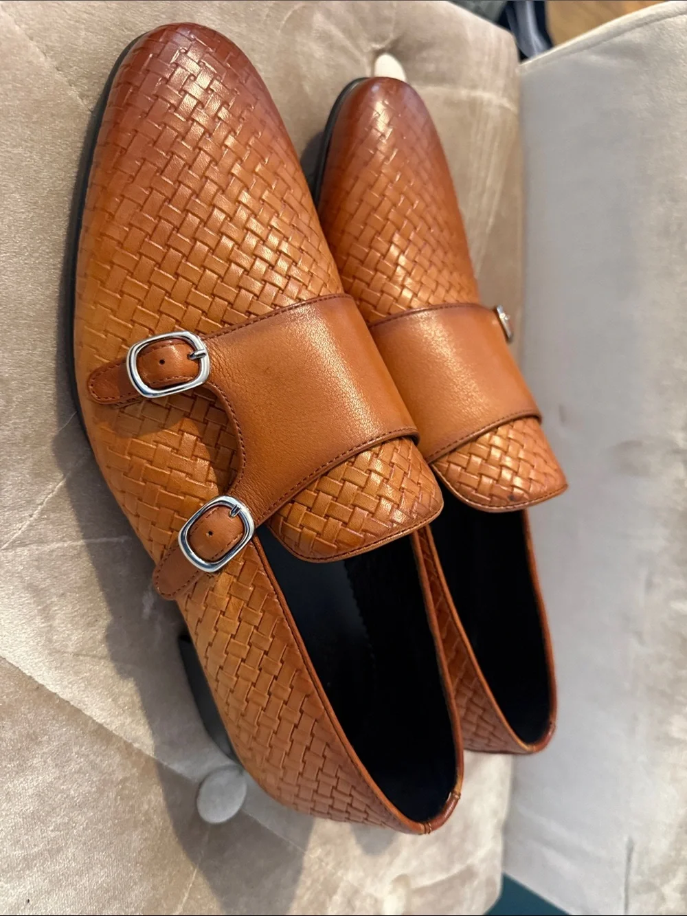Men's Tan Woven Double Monk Strap Loafers